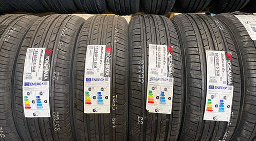 Row of tyres with tyre labels